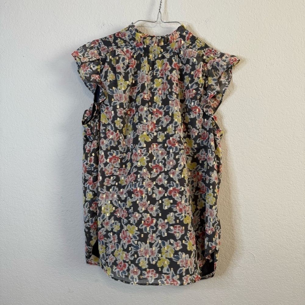 Loft Gray Sheer Smocked Ruffled Cap Sleeve Lightweight Floral Shirt Blouse Sz S